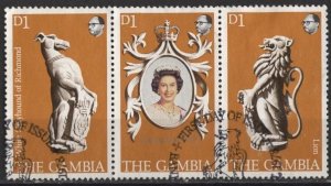 Gambia 380 (used strip of 3 from s/s) Coronation 25th anniv. issue (1979)