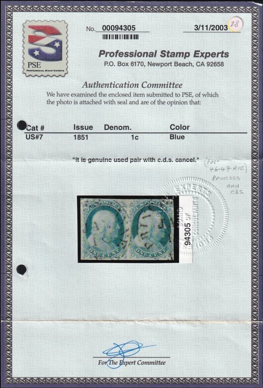 US #7 Used Pair,  With Cert.
