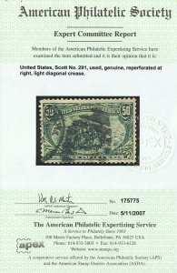 AFFORDABLE GENUINE SCOTT #291 F-VF USED 50¢ TRANS-MISSISSIPPI EXPO APS CERT