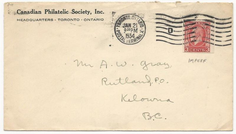 Canada Scott #207 Tied on Cover Philatelic Society January 21, 1934 