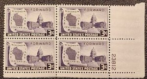US Scott # 957; 3c Wisconsin Cent. from 1948; MNH, og; Plt blk of 4; VF center