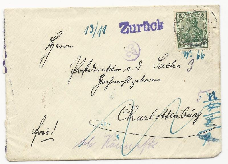 Germany Mi P307 #85b on FWD Cover w/ 7 Back Stamps Aux Markings