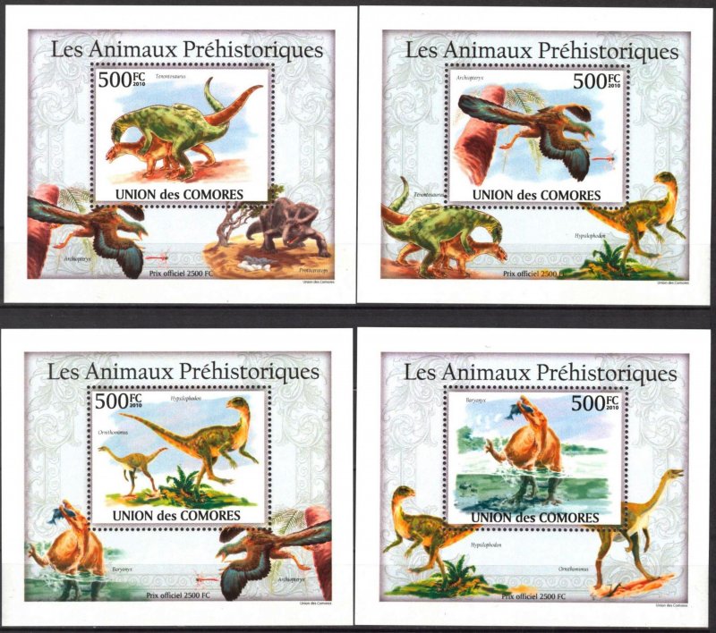 {088} Comoros 2010 Dinosaurs 4 S/S Deluxe MNH**