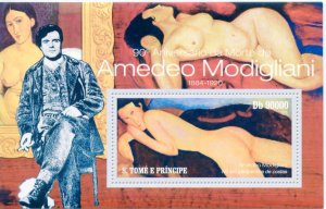 SAO TOME 90th MEMORIAL AMEDEO MODIGLIANI NUDE PAINTINGS SOUVENIR SHEET  MINT NH