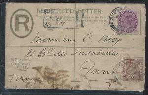 MALAYA STRAITS SETTLEMENTS  (P0408B) QV RLE 1901 UPRATED 5C+3C  TO  FRANCE 