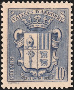 Andorra (French) #69  MNH - 10c ultra Coat of Arms (1937)