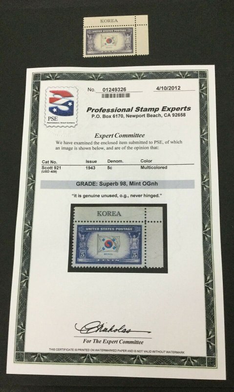 MOMEN: US #921 MINT OG NH **PSE GRADED CERT SUP-98** #31211