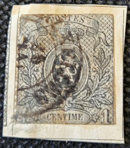 Belgium,1866-67, Coat of Arms, #24a,1c gray with backing, used, SCV$16.00