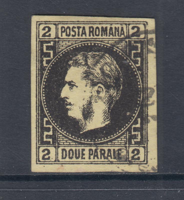 Romania Sc 29 used 1866 2pa black on yellow Prince Carol, sound & VF