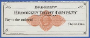 US 187? 2c Unused 2c Bank Check, Sc RN-D1  Brooklyn Trust Company, New York