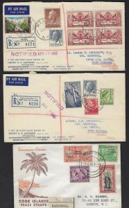 NEW ZEALAND AUSTRALIA COOK ISLAND 3 COVERS 1946 REGISTERED RAROTONGA TO LONDON +