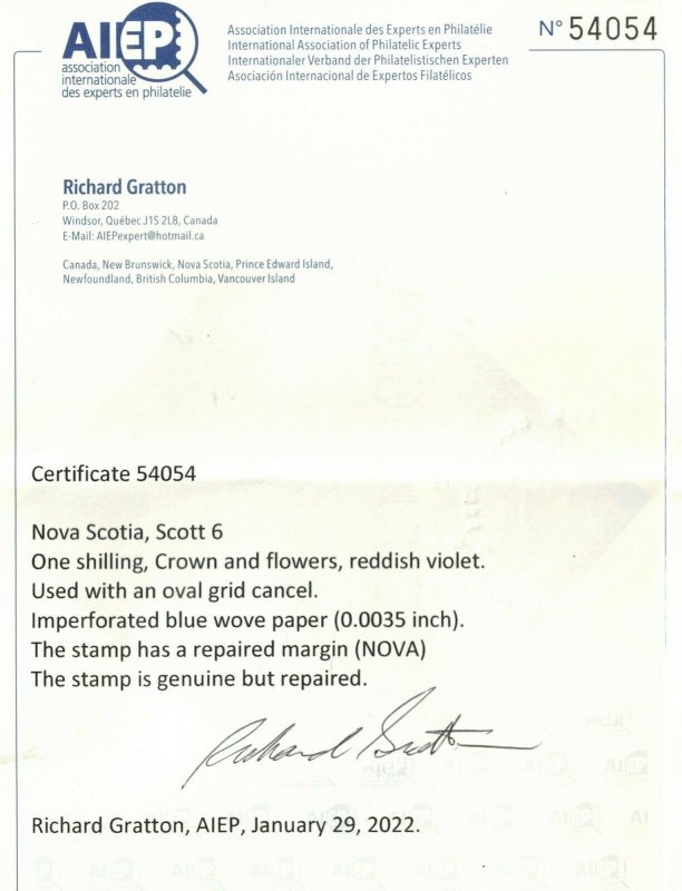 Nova Scotia #6 Used Fine - Expert Hidden Repair **With Certificate**