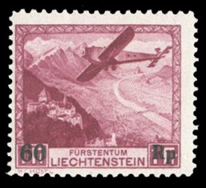 Liechtenstein #C14 Cat$130, 1935 60ro on 1fr lake, never hinged