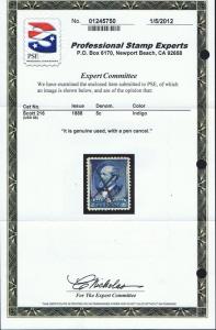 STUNNING SCOTT #216 XF-GEM 5₵ 1888 INDIGO USED PSC CERT - PRICED TO SELL