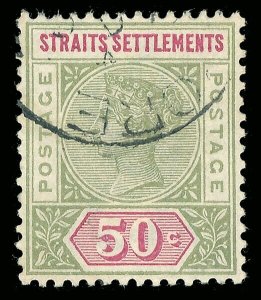 Malaya Straits 1892 QV 50c showing the REPAIRED S variety VFU. SG 104a. 