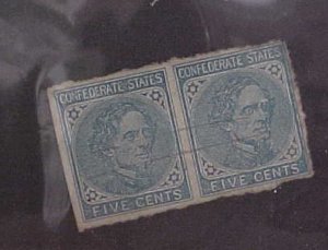 US CONFEDERATE STAMP #6 PAIR USED cat.75.00 MANUSCRIPT CANCEL