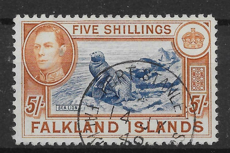 FALKLAND ISLANDS SG161b 1938 5/= INDIGO & PALE YELLOW-BROWN USED