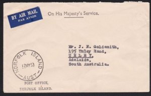 NORFOLK IS 1953 Official cover to Australia................................B3646