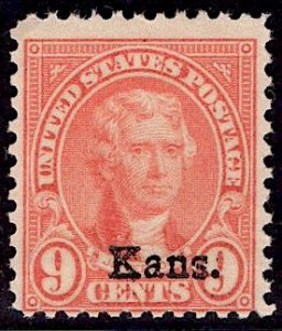 US Stamp #667 Kansas Overprint 9c Jefferson MINT NO GUM SCV $14.00 (as hinged)