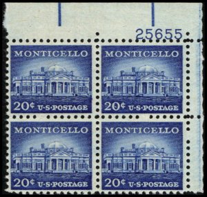US #1047 MONTICELLO MNH UR PLATE BLOCK #25655
