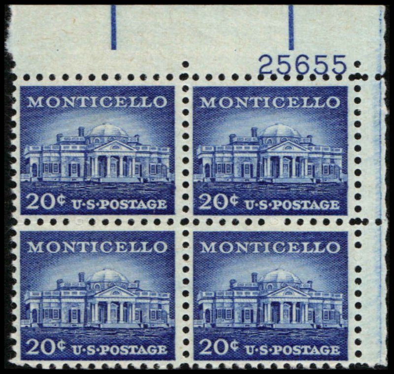 US #1047 MONTICELLO MNH UR PLATE BLOCK #25655
