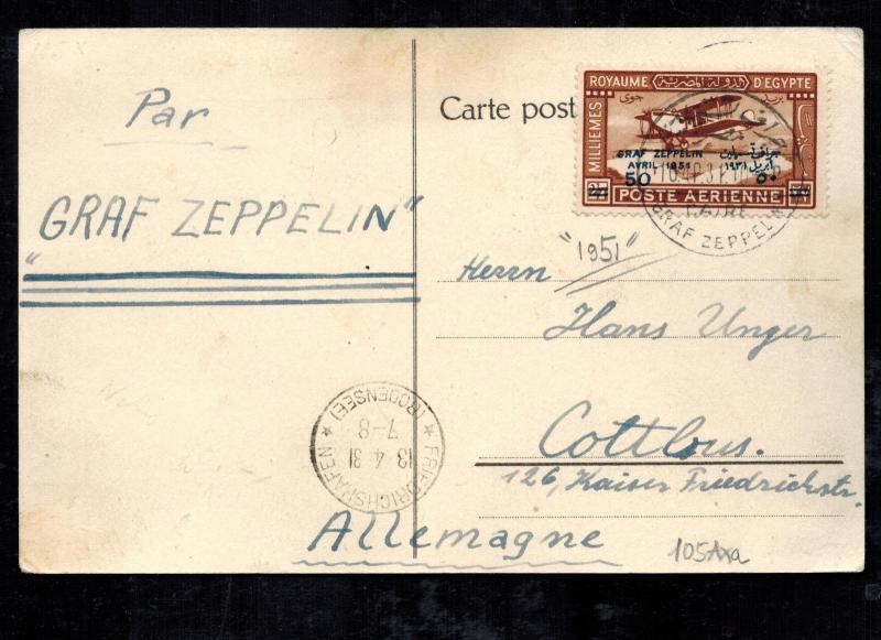 1931 Cairo Egypt Graf Zeppelin LZ 127 Airmail Postcard Cover to Germany # C3