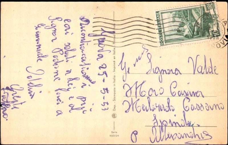 1953 ITALY SINGLE 10 LIRA WORKER ON POSTCARD TO UNITED STATES