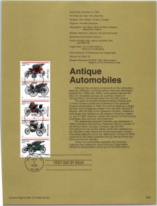 USPS SOUVENIR PAGE ANTIQUE AUTOMOBILES SETENANT STRIP OF (5) 1995