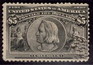 US Stamp #245 $5 Columbian MINT NO GUM w/ Major Repair SCV $1150.