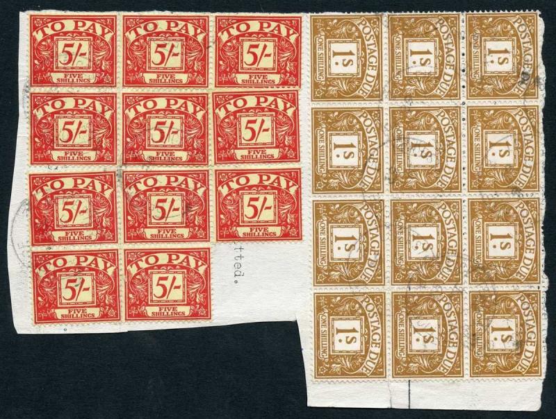SGD64 & D66 1/- and 5/- Blocks of Post Due wmk crowns on piece