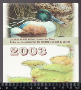 2003 #FWH19 Canada Federal Wildlife Habitat Conservation stamp MNH Cv$40