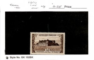 France, Postage Stamp, #670 Mint NH, 1951 Clos Vougeot (AB)