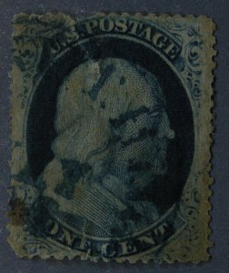 United States #24 Used One Cent Franklin Type V Blue Cancel with Large Tear Top