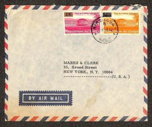 CONGO 614 & 615 STAMPS MARKS & CLERK KINSHASA TO NY AIRMAIL COVER 1968