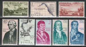 Spain #1489-96 ~ Cplt Set of 8 ~ Explorers, North America ~ Unused, LHM (1967)