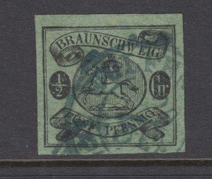 Brunswick Sc 6 used. 1853 ½gr black on green Leaping Saxon Horse, 4 margins, VF