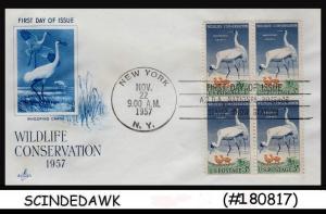 USA - 1957 WILDLIFE CONSERVATION / BIRDS - Blk of 4 - FDC