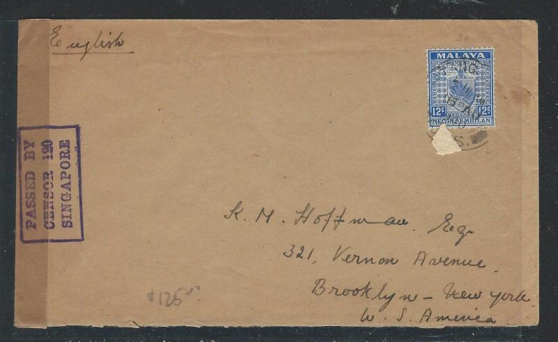 MALAYA NEGRI SEMBILAN  (P0812B) 12C ARMS 1940 PASSED BY CENSOR SINGAPORE TO USA