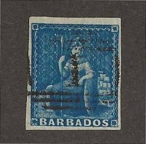 Barbados Sc #2 imperf deep blue used VF