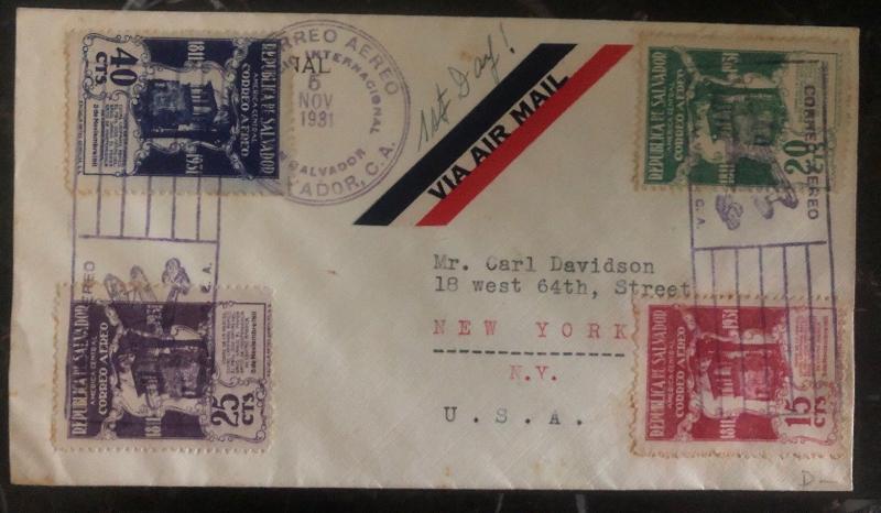 1931 El Salvador First Day cover FDC To New York USA Airmail Stamps SG 792-5