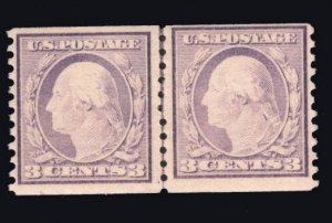 US STAMPS #493 3c COIL LINE PAIR MINT OG H LOT #80195-3