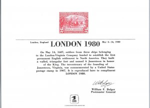 ENGRAVED SOUVENIR CARD OF THE INTERNATIONAL PHILATELIC EXPO AT LONDON 1980