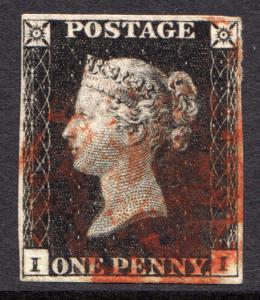 GB QV 1840 1d Black Penny Black Plate 4 II SG2 4 Margin Fine Used