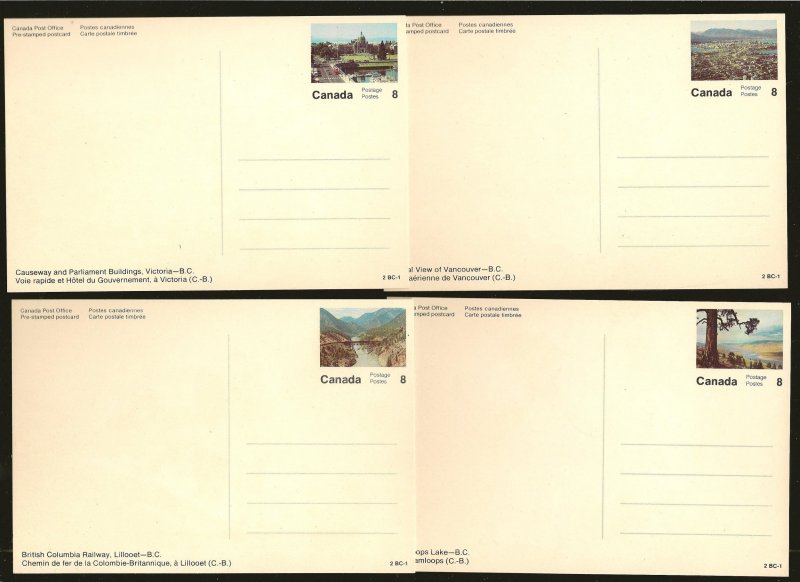 Canada Lot of 4 1970's Pre-stamped 8Cent British Columbia Color Postcards MNH