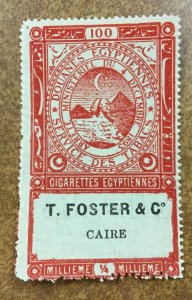 EGYPT REVENUE TOBACCO Tax Stamp  Cairo 100 cigarettes T. FOSTER & Co