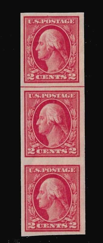 Scott 409  2¢ Washington Imperf Vertical Line Strip/3 (1912-14)  MVVLH
