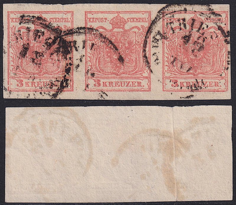 Austria - 1854 - Scott #3 - used strip of 3 - TRIEST Raccommandata pmk Italy