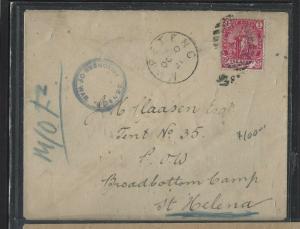 ST HELENA (PP1405B) INCOMING 1900 POW COVER CAPE 1D TO BROADBOTTOM CAMP CENSOR