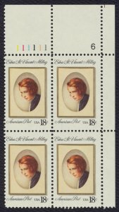 #1926 18c Edna St Vincent Millay, Plate Block [111111-6 UR] **ANY 5=FREE SHIP**