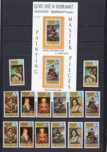 ADEN QU'AITI 1967 PAINTINGS 2 SETS OF 7 STAMPS PERF. & IMPERF. & S/S MNH